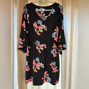 Black Short Dress with Vibrant Floral Print and Belled Sleeves